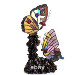 Butterflies Tiffany Style Stained Glass Accent Table Lamp in Amber