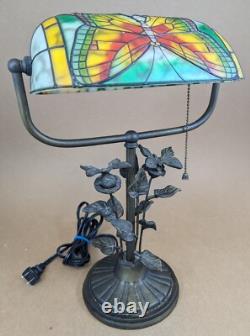 Butterfly Stained Glass Bankers Desk Lamp Metal Butterfly Leaf Base 15 Tall