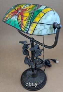 Butterfly Stained Glass Bankers Desk Lamp Metal Butterfly Leaf Base 15 Tall