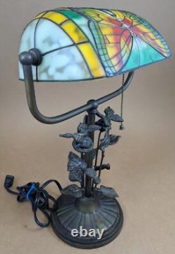 Butterfly Stained Glass Bankers Desk Lamp Metal Butterfly Leaf Base 15 Tall