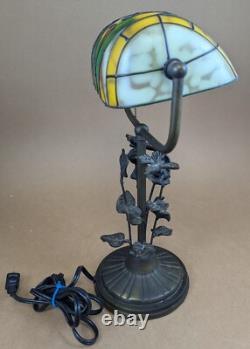 Butterfly Stained Glass Bankers Desk Lamp Metal Butterfly Leaf Base 15 Tall