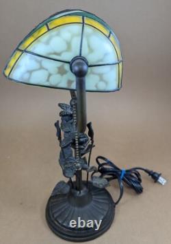 Butterfly Stained Glass Bankers Desk Lamp Metal Butterfly Leaf Base 15 Tall