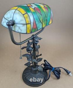 Butterfly Stained Glass Bankers Desk Lamp Metal Butterfly Leaf Base 15 Tall