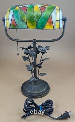 Butterfly Stained Glass Bankers Desk Lamp Metal Butterfly Leaf Base 15 Tall