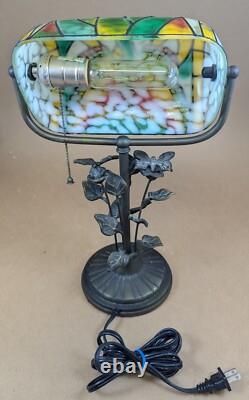 Butterfly Stained Glass Bankers Desk Lamp Metal Butterfly Leaf Base 15 Tall