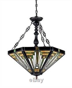 Chandelier Ceiling Lamp Tiffany Style Beautiful Stained Glass Mission 3 Light