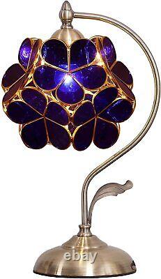 Cherry Blossom Tiffany Style Stained Glass Table Lamp, Vintage Brass Base blue