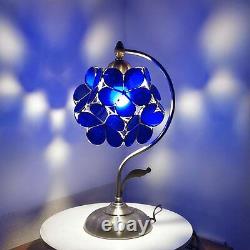 Cherry Blossom Tiffany Style Stained Glass Table Lamp, Vintage Brass Base blue