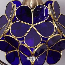 Cherry Blossom Tiffany Style Stained Glass Table Lamp, Vintage Brass Base blue