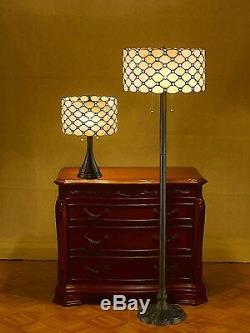 Contemporary Tiffany Style White Jeweled Table and Floor Lamp Set