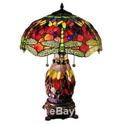 Double-lit Red Dragonfly Tiffany Style Stained Glass Dragonfly Table Lamp
