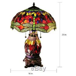 Double-lit Red Dragonfly Tiffany Style Stained Glass Dragonfly Table Lamp