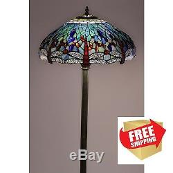 Dragonfly Floor Lamp Tiffany Style Handcrafted Antique Stained Glass Shade Stand