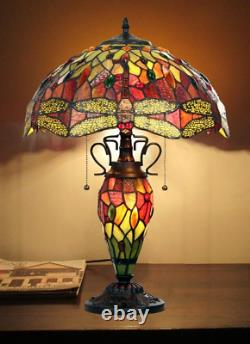 Dragonfly Stained Glass Table Desk Lamp Tiffany Style Double Lit 16 Wide Shade