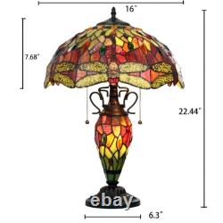 Dragonfly Stained Glass Table Desk Lamp Tiffany Style Double Lit 16 Wide Shade