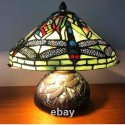 Dragonfly Tiffany Style Sea Green Stained Glass Table Lamp Mosaic Base 10.25in T