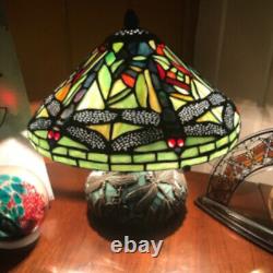 Dragonfly Tiffany Style Sea Green Stained Glass Table Lamp Mosaic Base 10.25in T