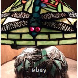 Dragonfly Tiffany Style Sea Green Stained Glass Table Lamp Mosaic Base 10.25in T