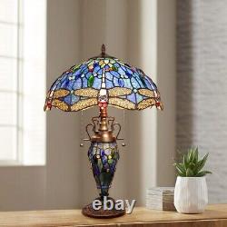 Dragonfly Tiffany Style Stained Glass Dark Bronze 3 Bulb Double Lit Table Lamp