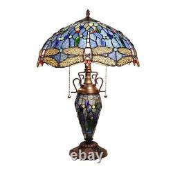 Dragonfly Tiffany Style Stained Glass Dark Bronze 3 Bulb Double Lit Table Lamp