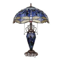 Dragonfly Tiffany Style Stained Glass Dark Bronze 3 Bulb Double Lit Table Lamp