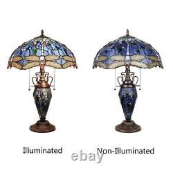 Dragonfly Tiffany Style Stained Glass Dark Bronze 3 Bulb Double Lit Table Lamp