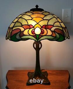 Duffner & Kimberly Leaded Slag Stained Glass Owl Table Lamp Handel Tiffany Era