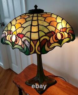 Duffner & Kimberly Leaded Slag Stained Glass Owl Table Lamp Handel Tiffany Era