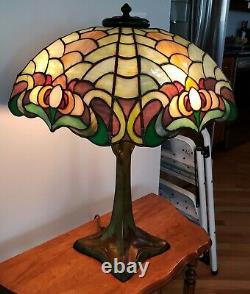 Duffner & Kimberly Leaded Slag Stained Glass Owl Table Lamp Handel Tiffany Era