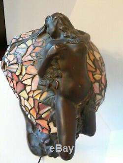 E. Thomasson Art Nouveau Bronze Stained Glass Nude Woman Lamp