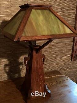 Early Handmade Antique Arts & Crafts Art Nouveau Mission Styled Stain Glass Lamp