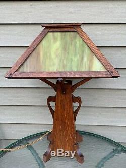 Early Handmade Antique Arts & Crafts Art Nouveau Mission Styled Stain Glass Lamp