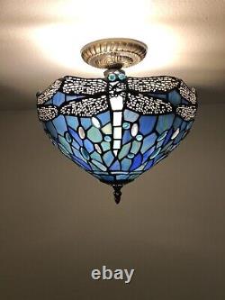 Enjoy Tiffany Style Blue Stained Glass Ceiling Lamp Dragonfly Vintage H12W12 In