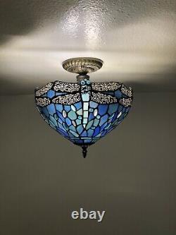 Enjoy Tiffany Style Blue Stained Glass Ceiling Lamp Dragonfly Vintage H12W12 In