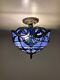 Enjoy Tiffany Style Blue Stained Glass Crystal Beans Ceiling Lamp Vintage H12w12