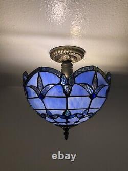 Enjoy Tiffany Style Blue Stained Glass Crystal Beans Ceiling Lamp Vintage H12W12