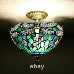 Enjoy Tiffany Style Dragonfly Green Blue Stained Glass Vintage Ceiling Lamp H12