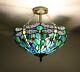 Enjoy Tiffany Style Dragonfly Green Blue Stained Glass Vintage Ceiling Lamp H16