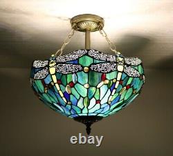 Enjoy Tiffany Style Dragonfly Green Blue Stained Glass Vintage Ceiling Lamp H16