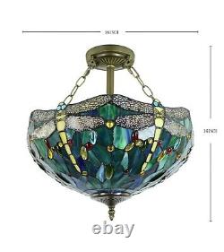 Enjoy Tiffany Style Dragonfly Green Blue Stained Glass Vintage Ceiling Lamp H16