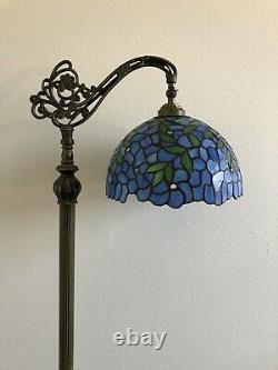 Enjoy Tiffany Style Floor Lamp Blue Stained Glass Green Leave Vintage H62.5 Inch
