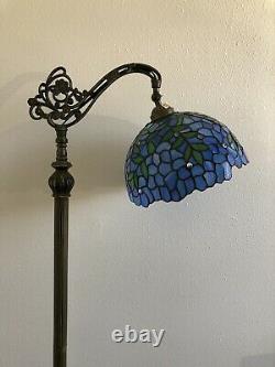 Enjoy Tiffany Style Floor Lamp Blue Stained Glass Green Leave Vintage H62.5 Inch