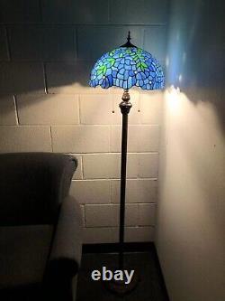 Enjoy Tiffany Style Floor Lamp Blue Stained Glass Green Leave Vintage H64W16