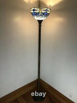 Enjoy Tiffany Style Floor Lamp Sky Blue Stained Glass Dragonfly Vintage H66W12in