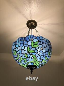 Enjoy Tiffany Style Flowers Blue Stained Glass Vintage Ceiling Lamp H28W16 Inch