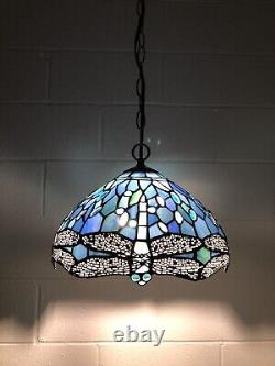 Enjoy Tiffany Style Hanging lighting Dragonfly Blue Stained Glass Vintage H60W12
