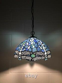 Enjoy Tiffany Style Hanging lighting Dragonfly Blue Stained Glass Vintage H60W12