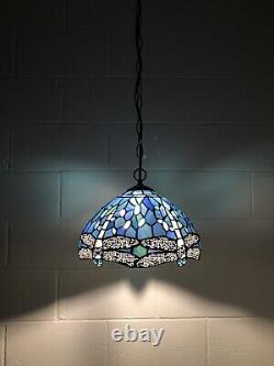 Enjoy Tiffany Style Hanging lighting Dragonfly Blue Stained Glass Vintage H60W12