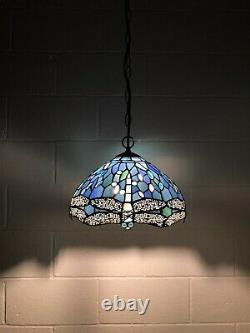 Enjoy Tiffany Style Hanging lighting Dragonfly Blue Stained Glass Vintage H60W12