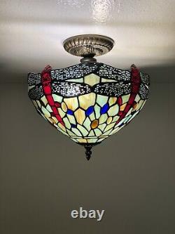 Enjoy Tiffany Style Jade Green Stained Glass Ceiling Lamp Dragonfly Vintage H12